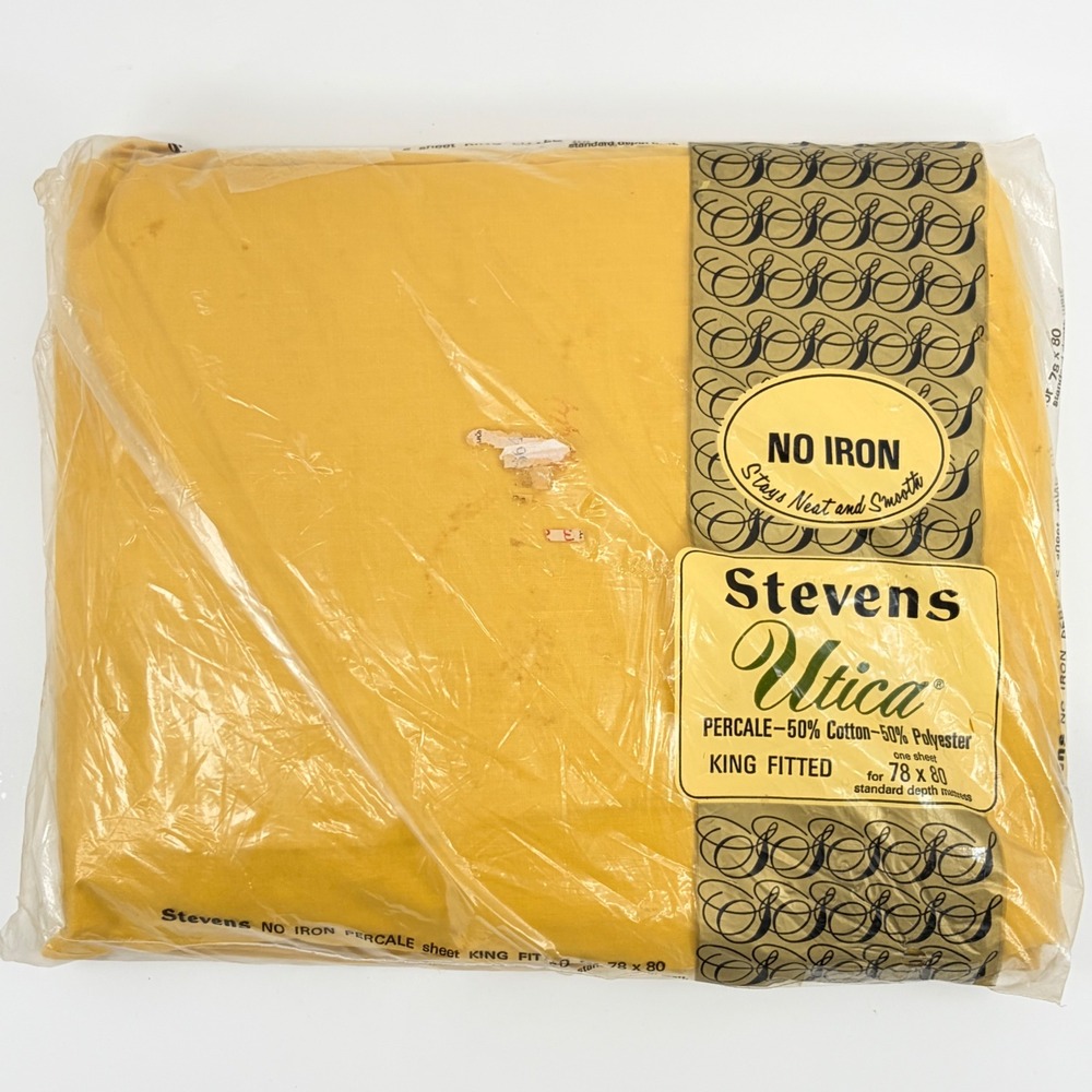 Vintage Stevens Utica King Fitted Sheet Mustard Yellow Percale No Iron Made USA